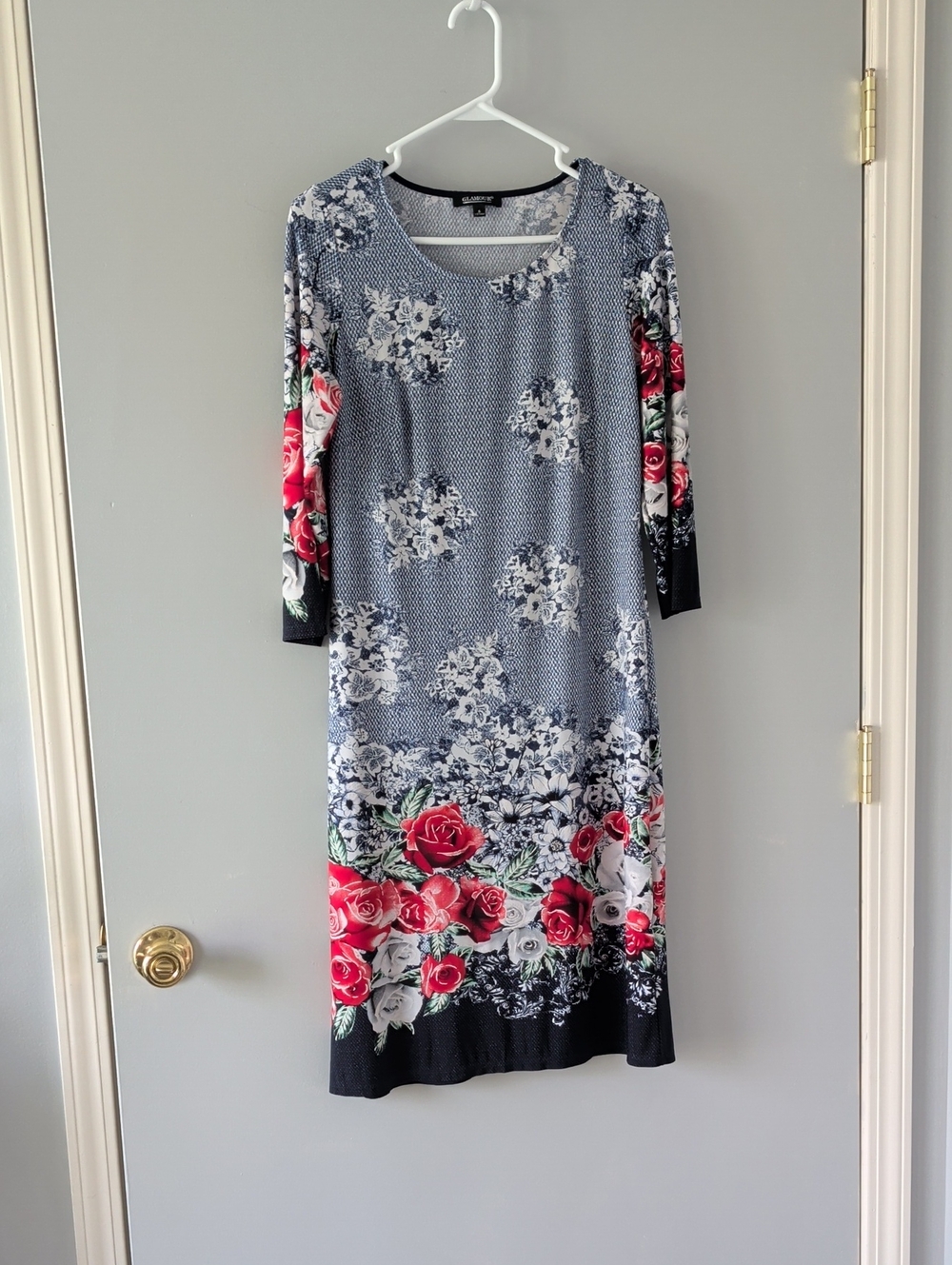 Glamour Blue Midi Dress with Red Rose Border